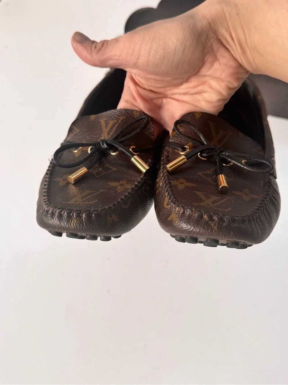 Louis Vuitton Brown Monogram Gloria Driving Moccasins with Gold Accents